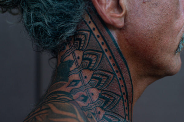 Jeremiah's Ornamental Neck Piece, ornamental tattoo by Simon Halpern, Kāneʻohe, Oahu