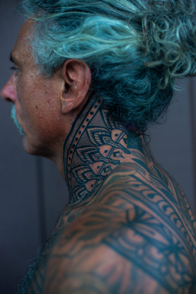 Jeremiah's Ornamental Neck Piece, ornamental tattoo by Simon Halpern, Kāneʻohe, Oahu