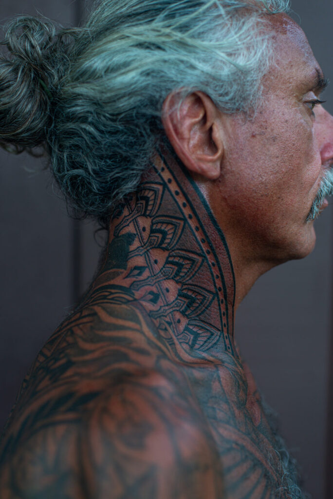 Jeremiah's Ornamental Neck Piece, ornamental tattoo by Simon Halpern, Kāneʻohe, Oahu