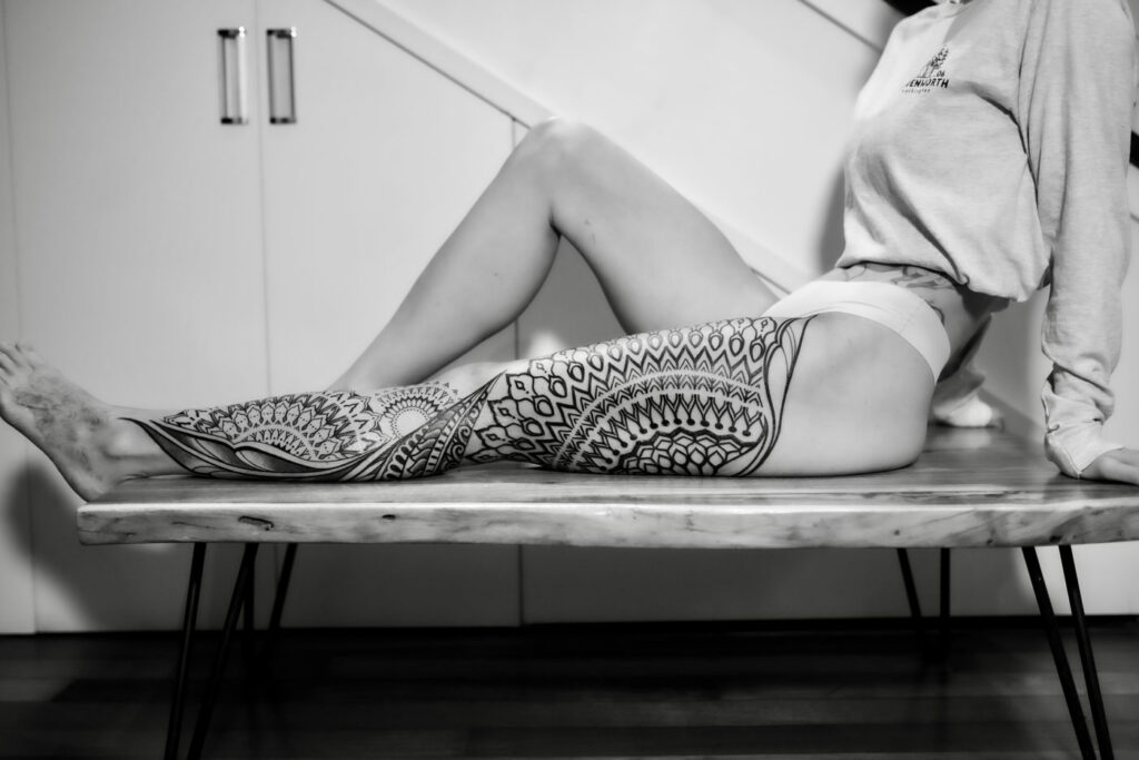 Madison's Mandala Ornamental Flow Leg, seated, ornamental mandala tattoo by Simon Halpern, Kāneʻohe, Oahu
