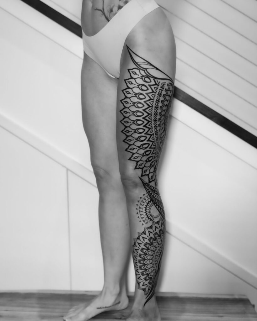 Madison's Mandala Ornamental Flow Leg, three-quarter view, ornamental mandala tattoo by Simon Halpern, Kāneʻohe, Oahu